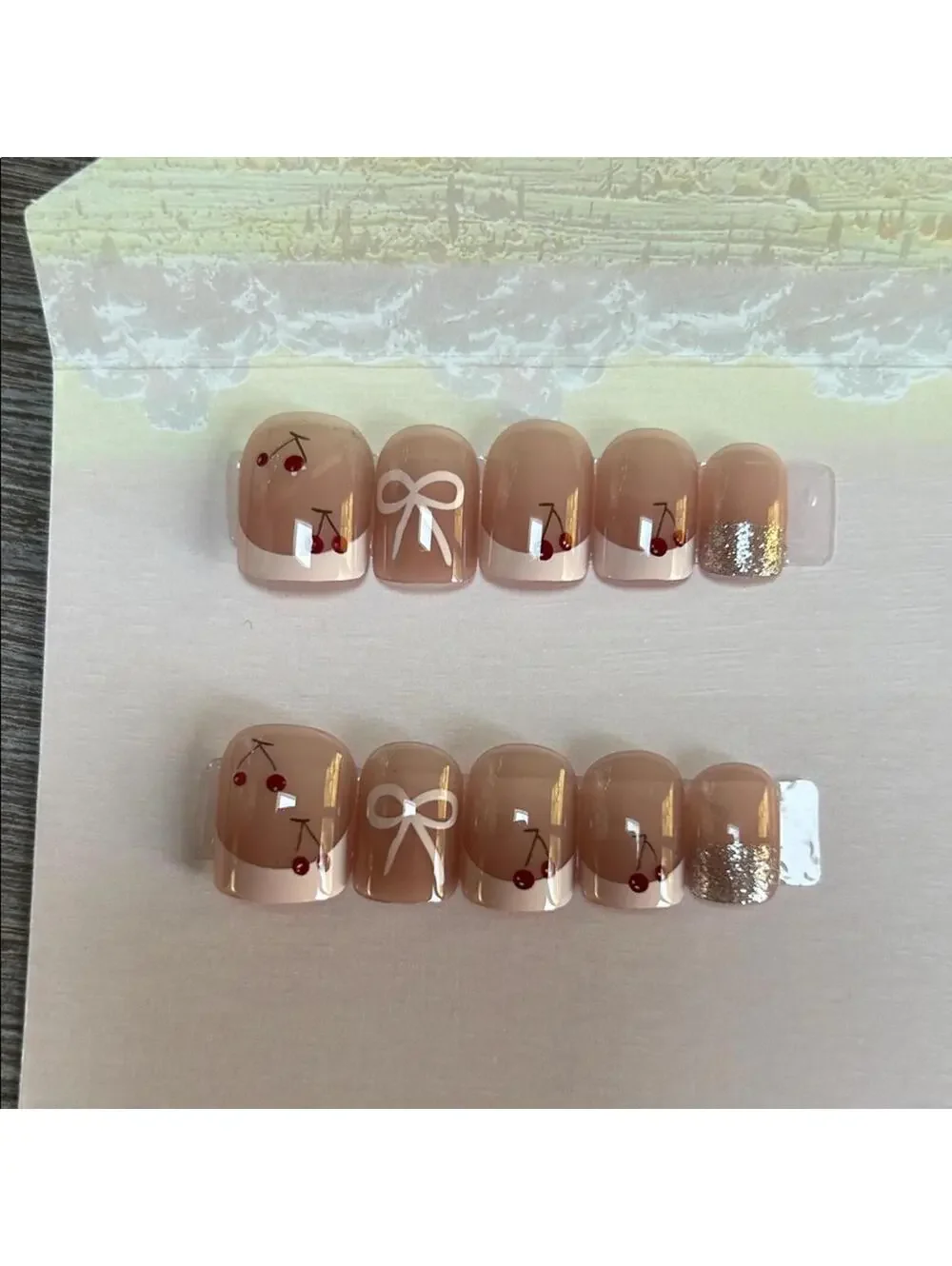 Cute Nail Art Set with Bow & Cherry Design